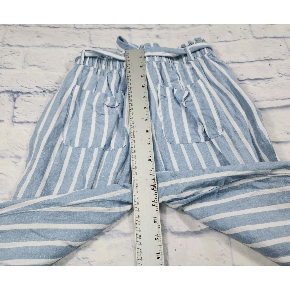 Loft WOMENS SIZE S Paperbag Taper Pants Blue White Stripe Linen Blend Belted - Picture 9 of 10